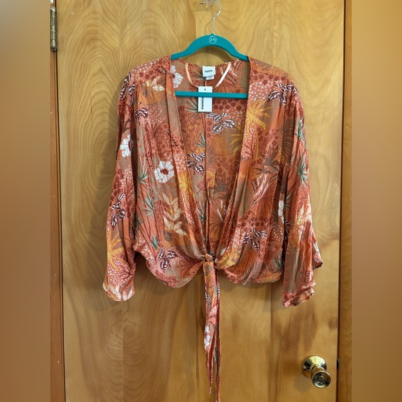 Sonoma Orange Pink 3/4 Sleeve Crop Tie Front Shaw - Picture 7 of 9